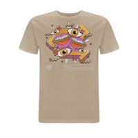 Stone-coloured Wh0 Plays ‘Bring The Beat Back / I Want Your Love’ T-shirt featuring colourful abstract artwork with illustrated eyes, lips and geometric shapes in pink, orange and gold tones on the front chest.