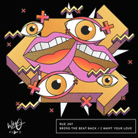 Black Wh0 Plays ‘Bring The Beat Back / I Want Your Love’ T-shirt featuring colourful abstract artwork with illustrated eyes, lips and geometric shapes in pink, orange and gold tones on the front chest - rollover image.