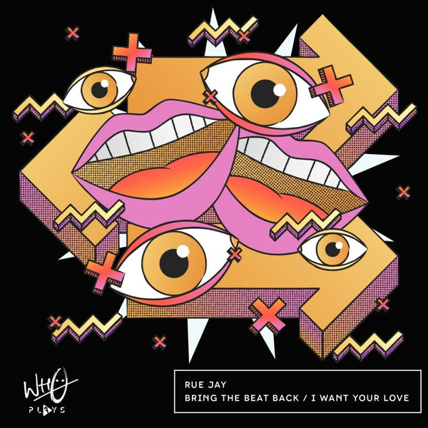 Black Wh0 Plays ‘Bring The Beat Back / I Want Your Love’ T-shirt featuring colourful abstract artwork with illustrated eyes, lips and geometric shapes in pink, orange and gold tones on the front chest - rollover image.
