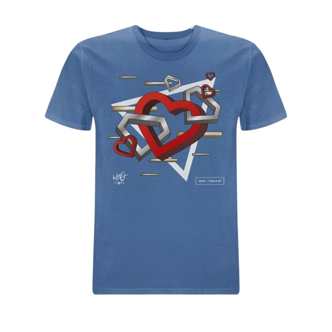 Blue Wh0 Plays ‘Feels EP’ T-shirt featuring layered geometric heart artwork in red, white and grey tones with abstract graphic elements across the front chest.