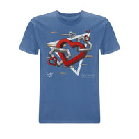 Blue Wh0 Plays ‘Feels EP’ T-shirt featuring layered geometric heart artwork in red, white and grey tones with abstract graphic elements across the front chest.