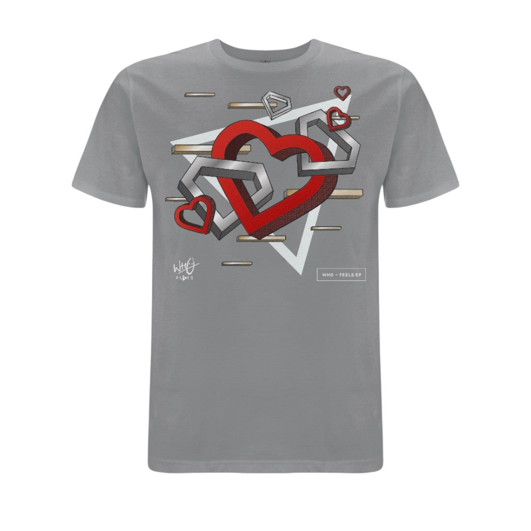 Grey Wh0 Plays ‘Feels EP’ T-shirt featuring layered geometric heart artwork in red, white and grey tones with abstract graphic elements across the front chest.