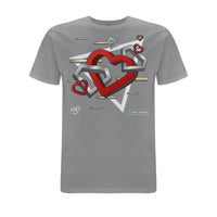Grey Wh0 Plays ‘Feels EP’ T-shirt featuring layered geometric heart artwork in red, white and grey tones with abstract graphic elements across the front chest.