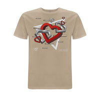 Stone-coloured Wh0 Plays ‘Feels EP’ T-shirt featuring layered geometric heart artwork in red, white and grey tones with abstract graphic elements across the front chest.