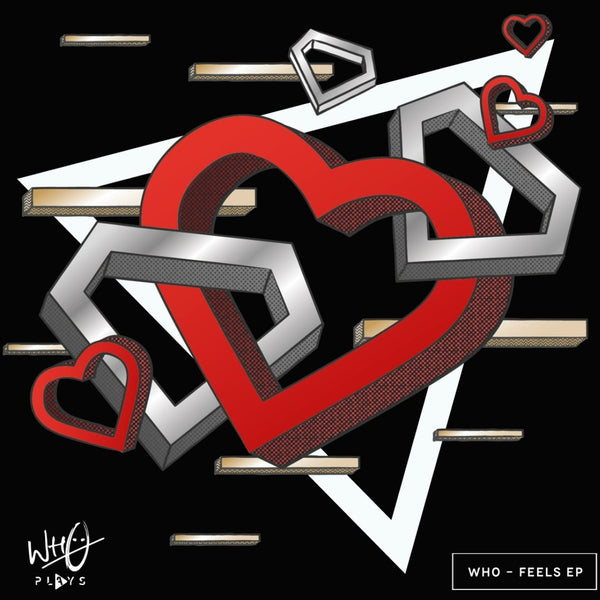 Black Wh0 Plays ‘Feels EP’ T-shirt featuring layered geometric heart artwork in red, white and grey tones with abstract graphic elements across the front chest - rollover image.
