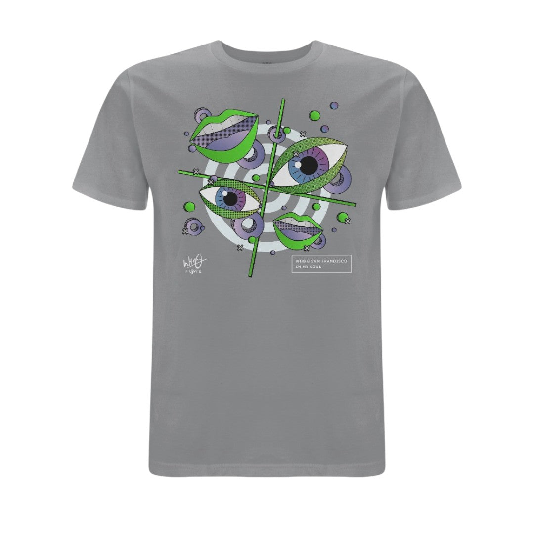 Grey Wh0 Plays ‘In My Soul’ T-shirt featuring abstract eye and lip artwork in green, purple and white tones with geometric graphic elements on the front chest.