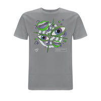 Grey Wh0 Plays ‘In My Soul’ T-shirt featuring abstract eye and lip artwork in green, purple and white tones with geometric graphic elements on the front chest.