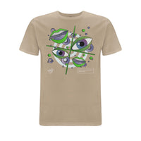 Stone-coloured Wh0 Plays ‘In My Soul’ T-shirt featuring abstract eye and lip artwork in green, purple and white tones with geometric graphic elements on the front chest.