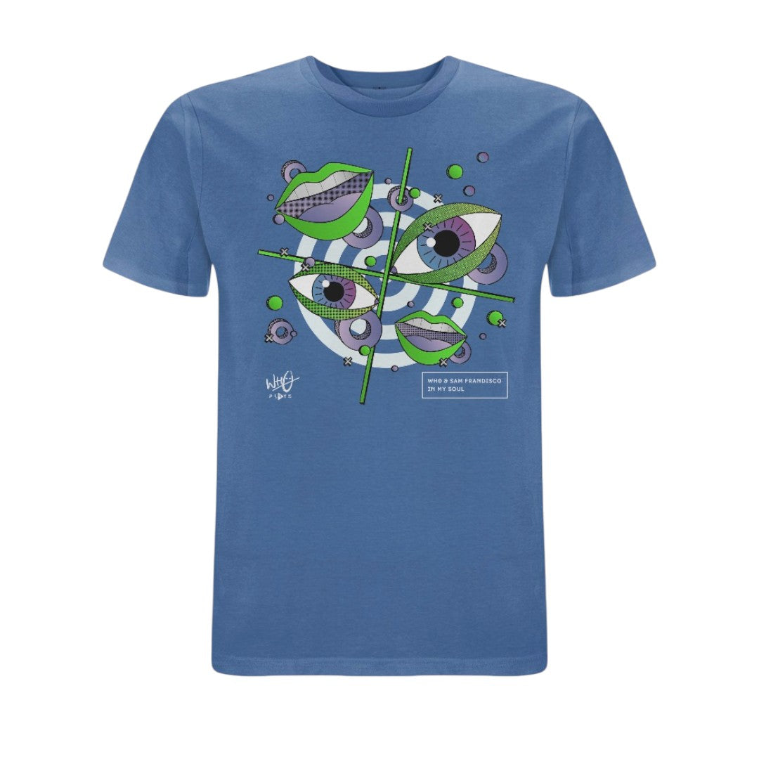 Blue Wh0 Plays ‘In My Soul’ T-shirt featuring abstract eye and lip artwork in green, purple and white tones with geometric graphic elements on the front chest.