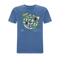 Blue Wh0 Plays ‘In My Soul’ T-shirt featuring abstract eye and lip artwork in green, purple and white tones with geometric graphic elements on the front chest.