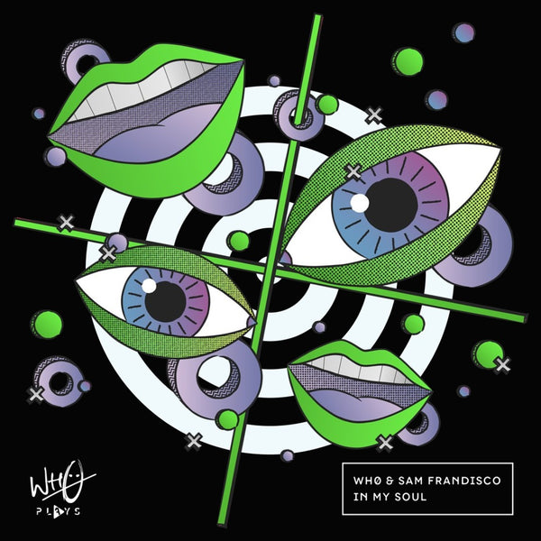 Black Wh0 Plays ‘In My Soul’ T-shirt featuring abstract eye and lip artwork in green, purple and white tones with geometric graphic elements on the front chest - rollover.