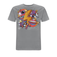 Grey Who Plays ‘Needin’ U’ T-shirt featuring colourful abstract artwork with illustrated eyes, lips, stars and lightning bolt graphics in purple, orange and yellow tones across the front chest.