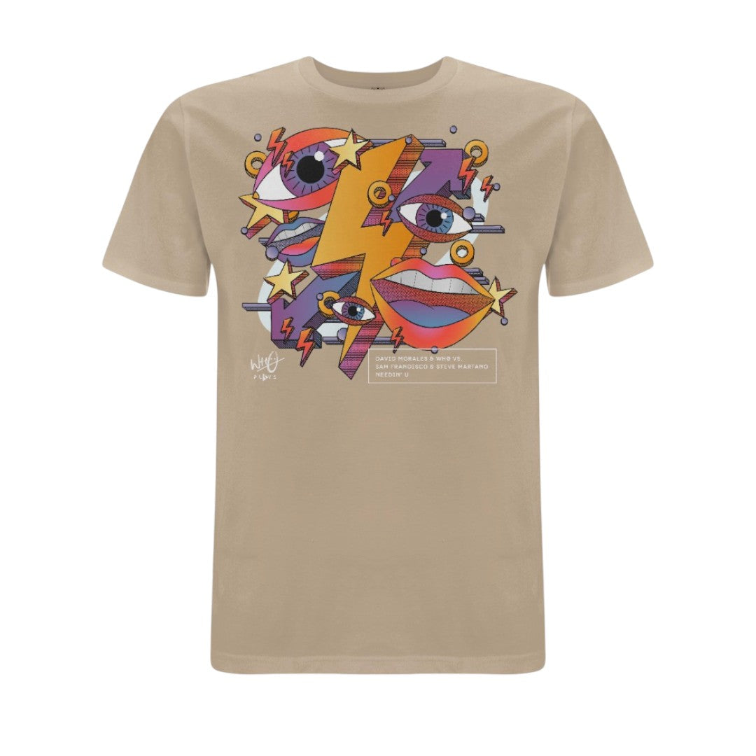 Stone-coloured Who Plays ‘Needin’ U’ T-shirt featuring colourful abstract artwork with illustrated eyes, lips, stars and lightning bolt graphics in purple, orange and yellow tones across the front chest.