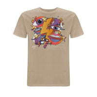 Stone-coloured Who Plays ‘Needin’ U’ T-shirt featuring colourful abstract artwork with illustrated eyes, lips, stars and lightning bolt graphics in purple, orange and yellow tones across the front chest.