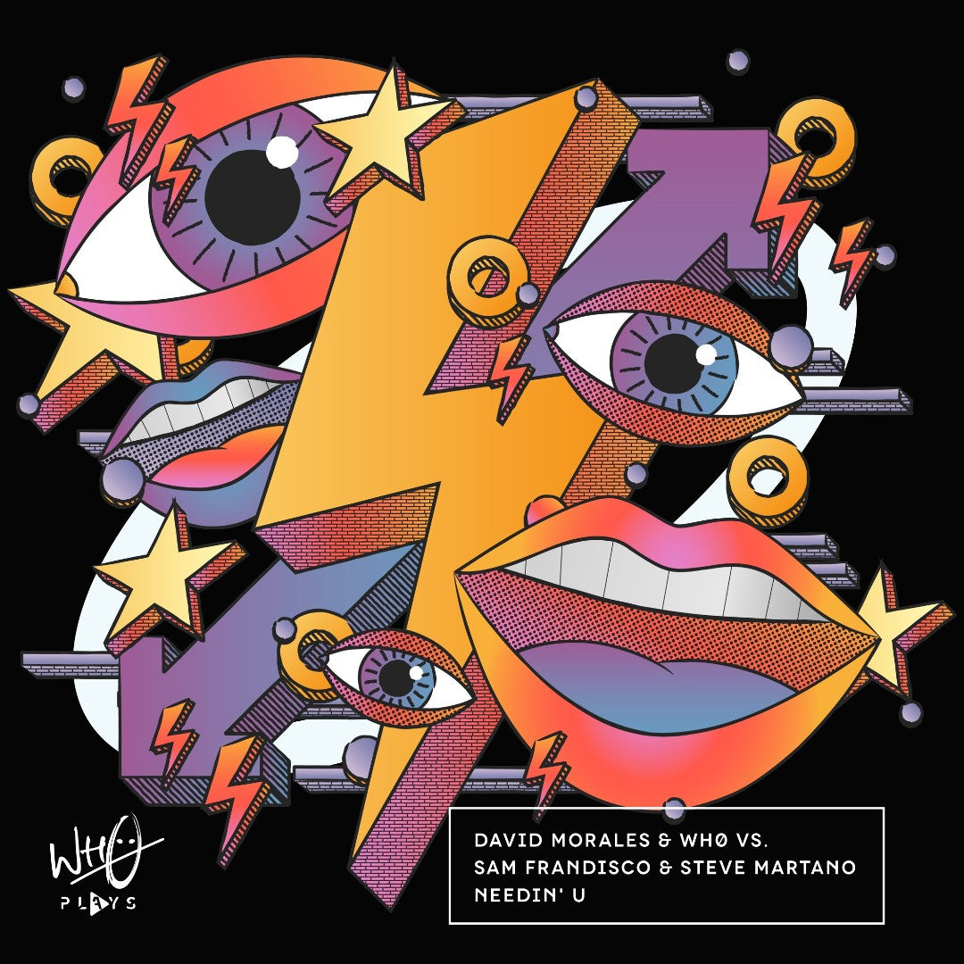Black Who Plays ‘Needin’ U’ T-shirt featuring colourful abstract artwork with illustrated eyes, lips, stars and lightning bolt graphics in purple, orange and yellow tones across the front chest - rollover image.
