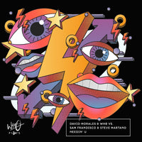 Black Who Plays ‘Needin’ U’ T-shirt featuring colourful abstract artwork with illustrated eyes, lips, stars and lightning bolt graphics in purple, orange and yellow tones across the front chest - rollover image.