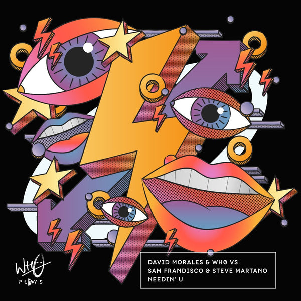 Black Who Plays ‘Needin’ U’ T-shirt featuring colourful abstract artwork with illustrated eyes, lips, stars and lightning bolt graphics in purple, orange and yellow tones across the front chest - rollover image.
