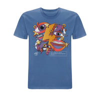 Blue Who Plays ‘Needin’ U’ T-shirt featuring colourful abstract artwork with illustrated eyes, lips, stars and lightning bolt graphics in purple, orange and yellow tones across the front chest.