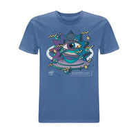 Blue Who Plays ‘You Know Where The Floor Is’ T-shirt featuring colourful abstract artwork with illustrated eyes, lips, stars and geometric shapes in blue, purple and yellow tones across the front chest.