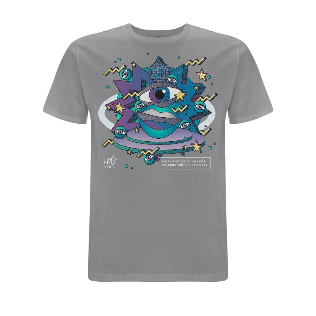 Grey Who Plays ‘You Know Where The Floor Is’ T-shirt featuring colourful abstract artwork with illustrated eyes, lips, stars and geometric shapes in blue, purple and yellow tones across the front chest.
