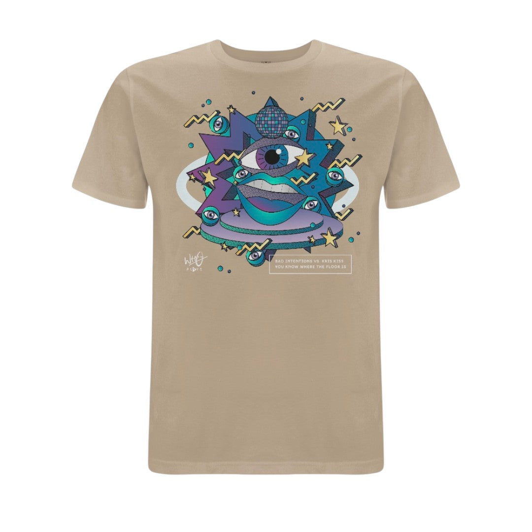 Stone-coloured Who Plays ‘You Know Where The Floor Is’ T-shirt featuring colourful abstract artwork with illustrated eyes, lips, stars and geometric shapes in blue, purple and yellow tones across the front chest.