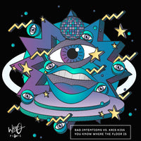 Black Who Plays ‘You Know Where The Floor Is’ T-shirt featuring colourful abstract artwork with illustrated eyes, lips, stars and geometric shapes in blue, purple and yellow tones across the front chest - rollover image.