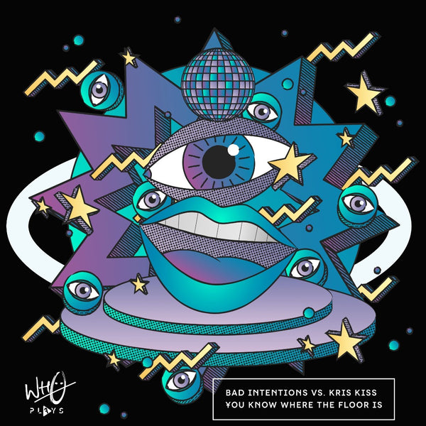 Black Who Plays ‘You Know Where The Floor Is’ T-shirt featuring colourful abstract artwork with illustrated eyes, lips, stars and geometric shapes in blue, purple and yellow tones across the front chest - rollover image.