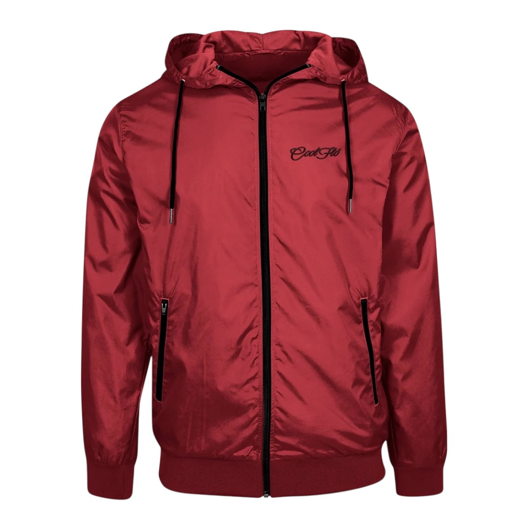 Burgundy and black wind runner jacket with black Cool Flo script logo embroidered on the left. 
