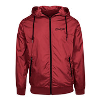 Burgundy and black wind runner jacket with black Cool Flo script logo embroidered on the left. 