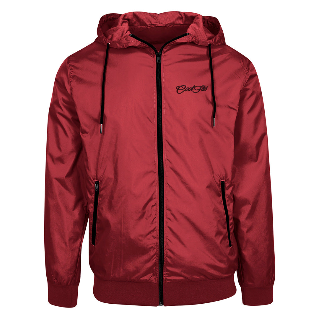 Burgundy and black wind runner jacket with black Cool Flo script logo embroidered on the left. 