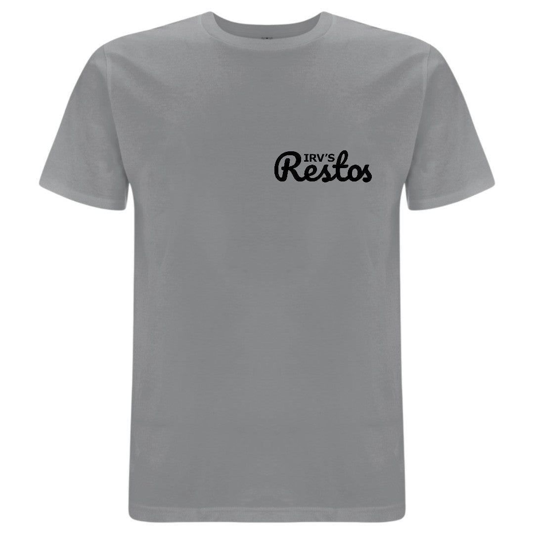 GREY double-print t-shirt with bold black IRV’s Restos Shop logos on the front and back - front view