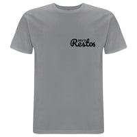 GREY double-print t-shirt with bold black IRV’s Restos Shop logos on the front and back - front view
