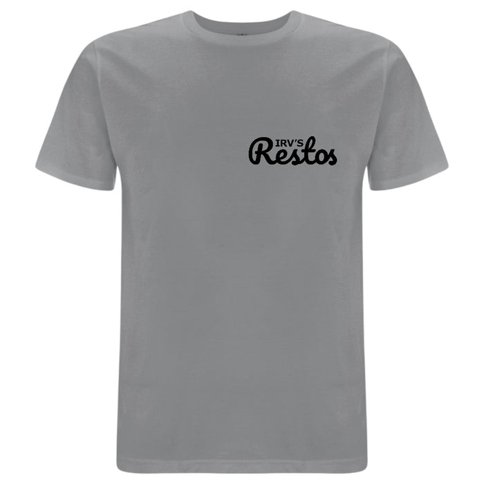 GREY double-print t-shirt with bold black IRV’s Restos Shop logos on the front and back - front view