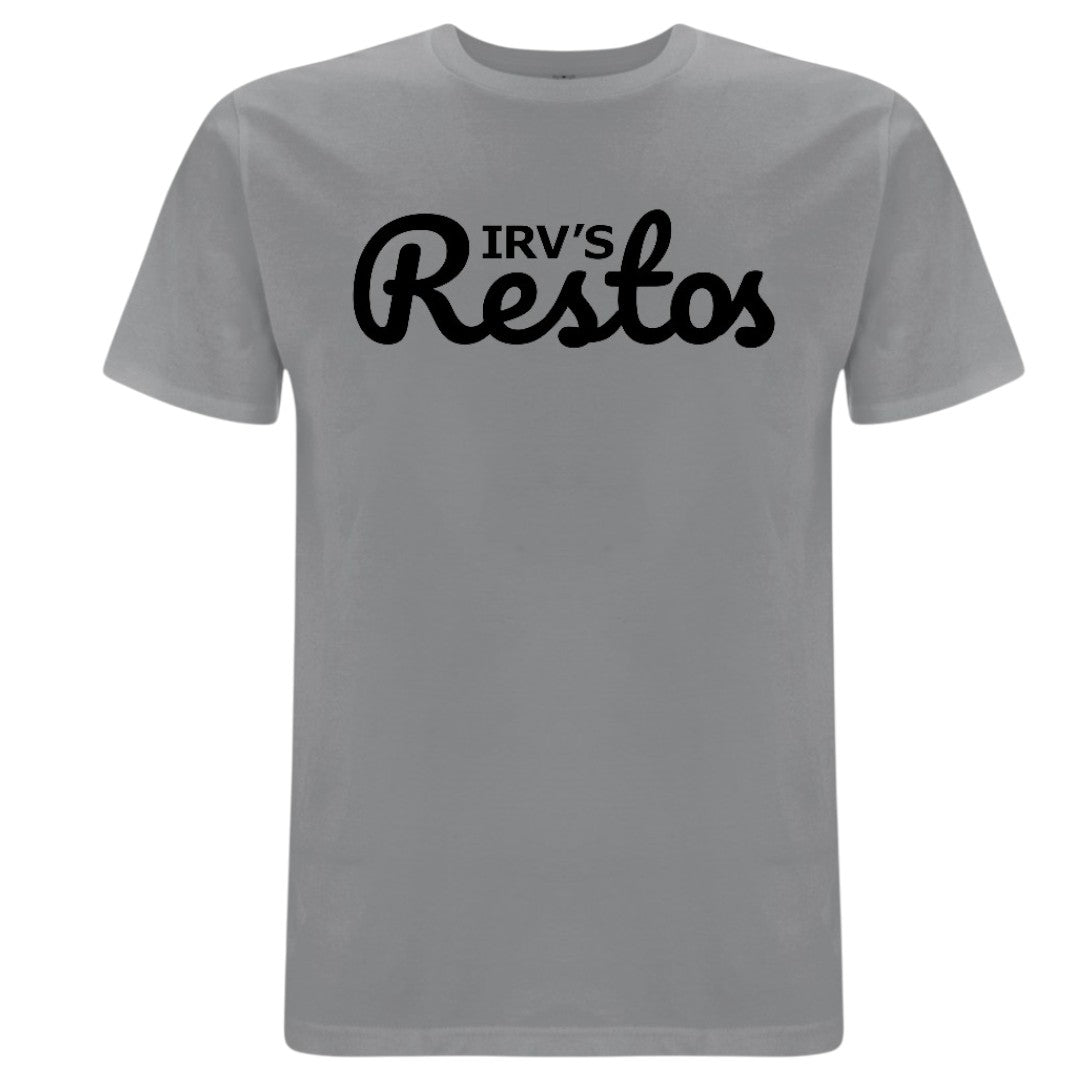 Grey t-shirt with bold black IRV’s Restos logo printed across the chest 