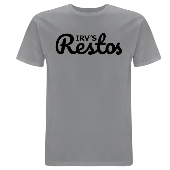 Grey t-shirt with bold black IRV’s Restos logo printed across the chest 
