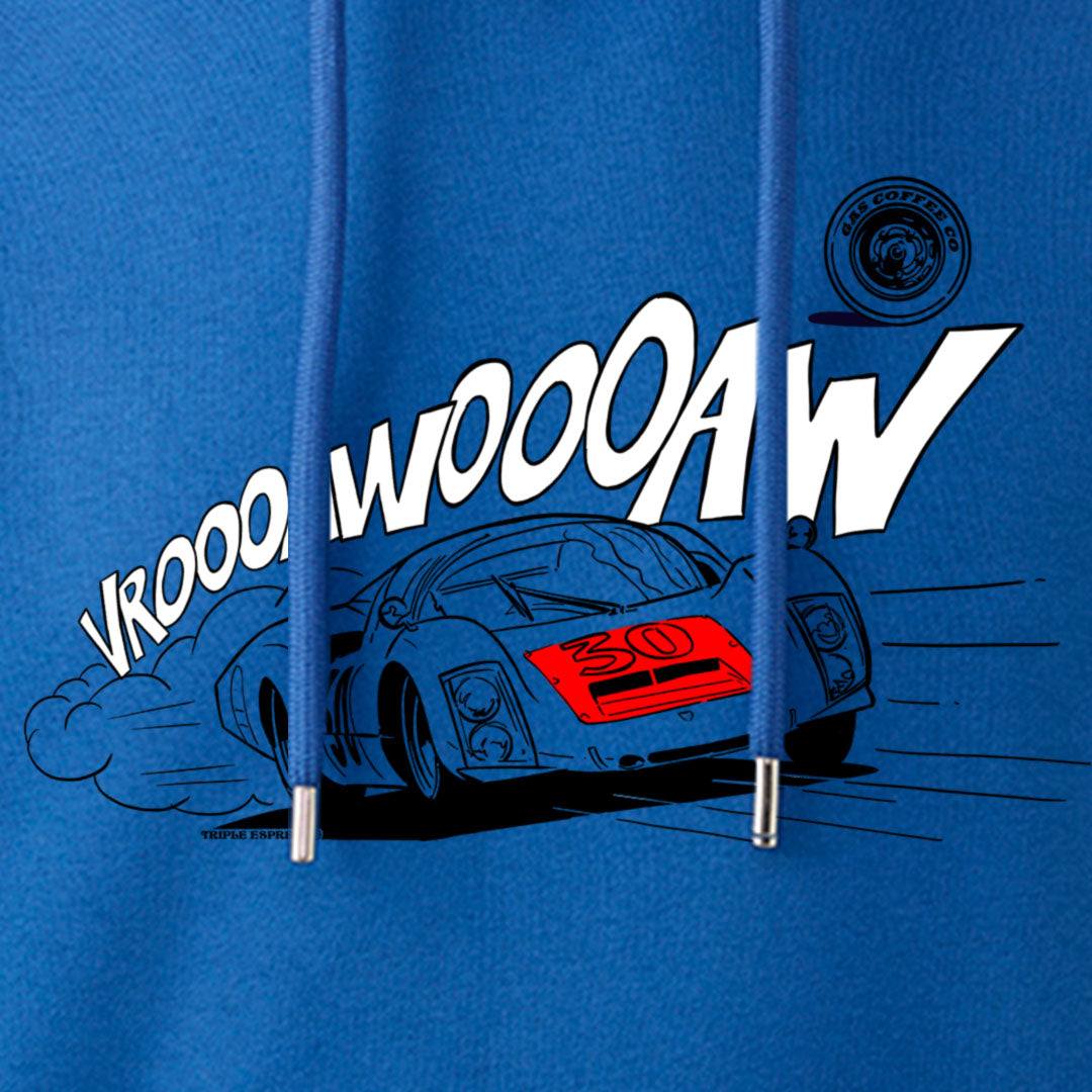 Gas Coffee- Cool Flo - Royal Blue Porsche 906 hoody - design close-up