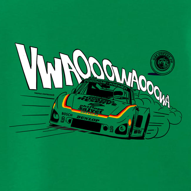 Gas Coffee- Cool Flo - Green Porsche 935 t-shirt - design close-up
