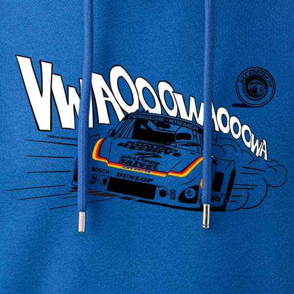 Gas Coffee- Cool Flo - Royal Blue Porsche 935 hoody - design close-up