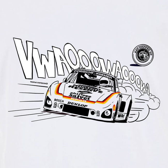 Gas Coffee- Cool Flo - White Porsche 935 t-shirt - design close-up