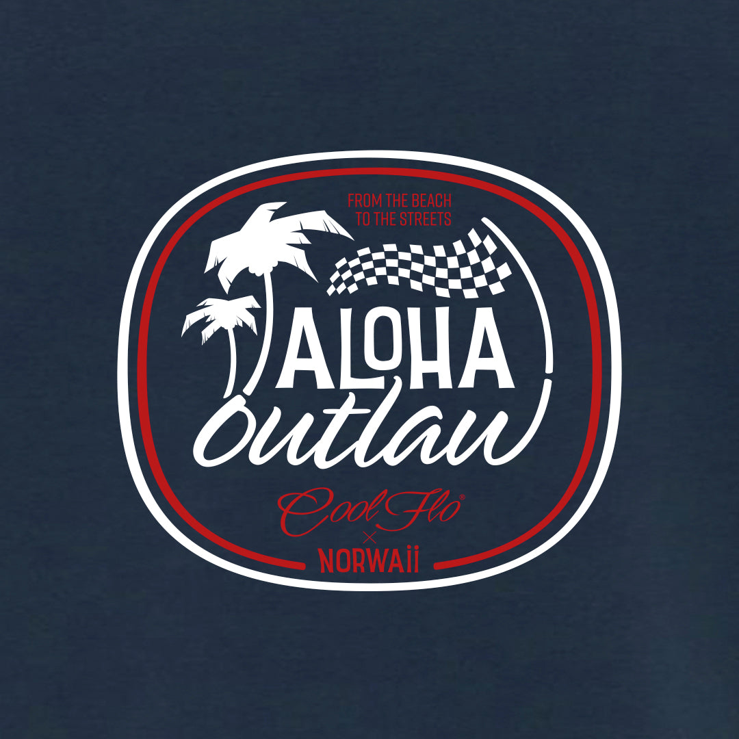 Aloha Outlaw blue t-shirt close-up -Cool Flo