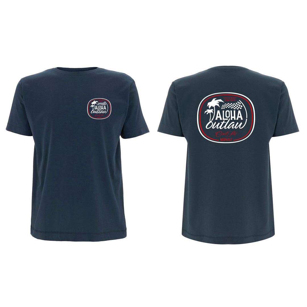 Aloha Outlaw blue t-shirt front&back -Cool Flo