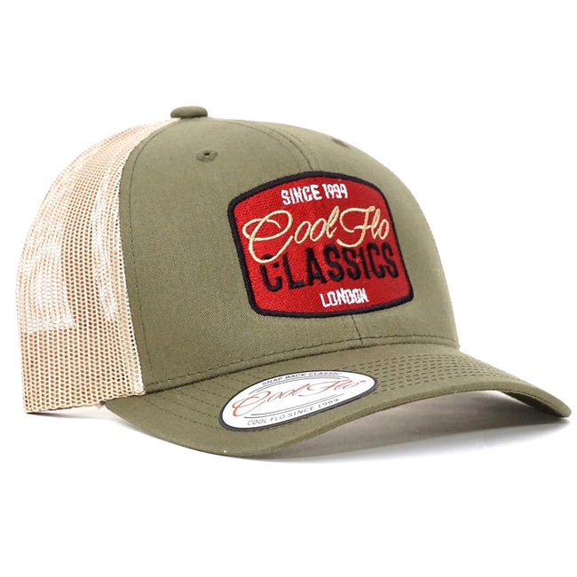 Cool Flo green trucker cap with embroidered badge design in black, red, olive and whilte.