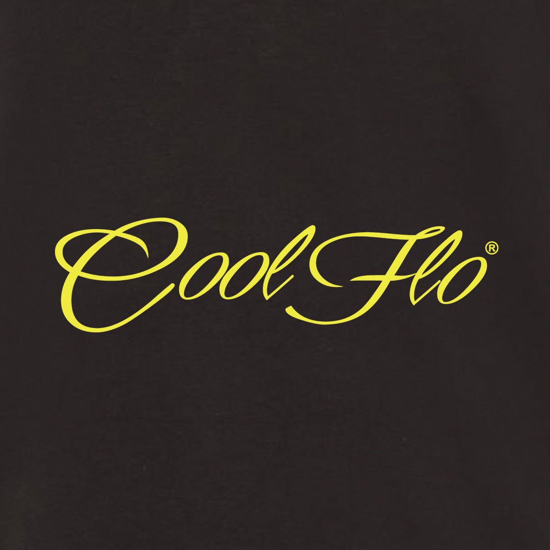 Cool Flo Classic Script Ash Black t-shirt with yellow logo printed on the front - design close-up