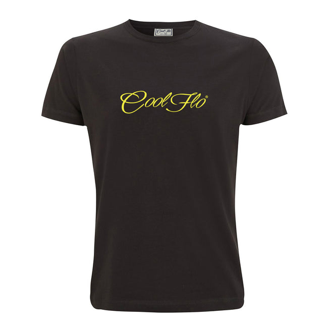 Cool Flo Classic Script Ash Black t-shirt with yellow logo printed on the front