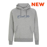 Classic Script Grey Cool Flo hoody - front shot with NEW