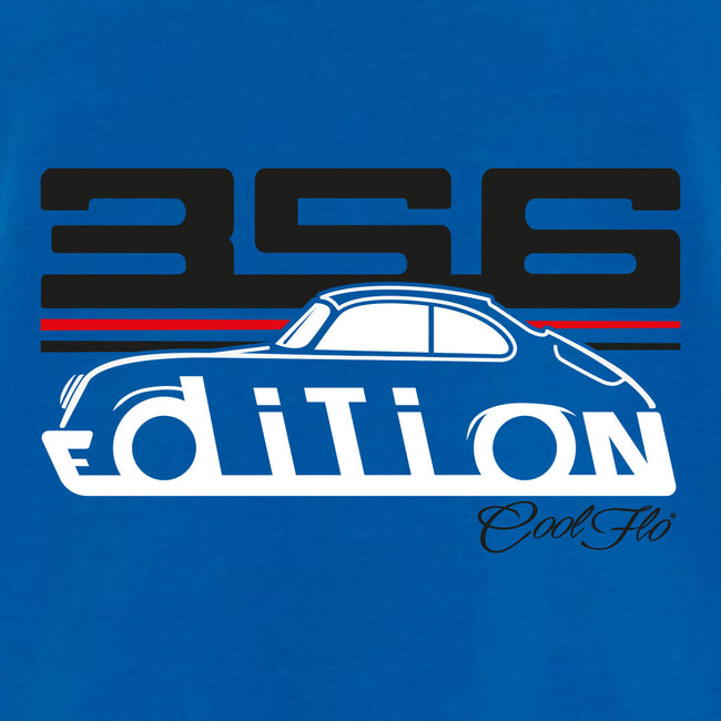 Cool Flo Porsche 356 royal blue t-shirt - GT Edition with black, white and red print. Design close-up.