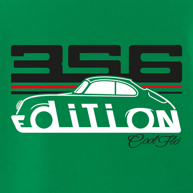 Cool Flo Porsche 356 green t-shirt - GT Edition with black, white and red print. Design close-up.