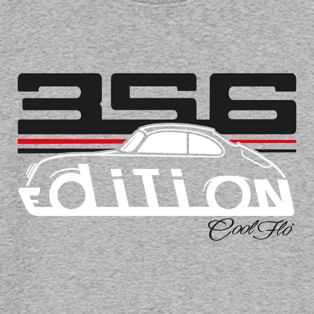 Cool Flo Porsche 356 grey sweatshirt - GT Edition with black, white and red print. Design close-up.