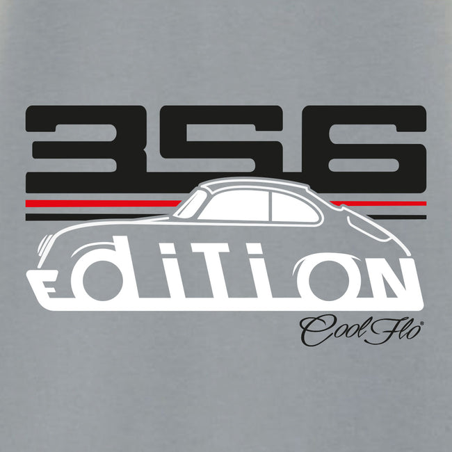 Cool Flo Porsche 356 grey t-shirt - GT Edition with black, white and red print. Design close-up.