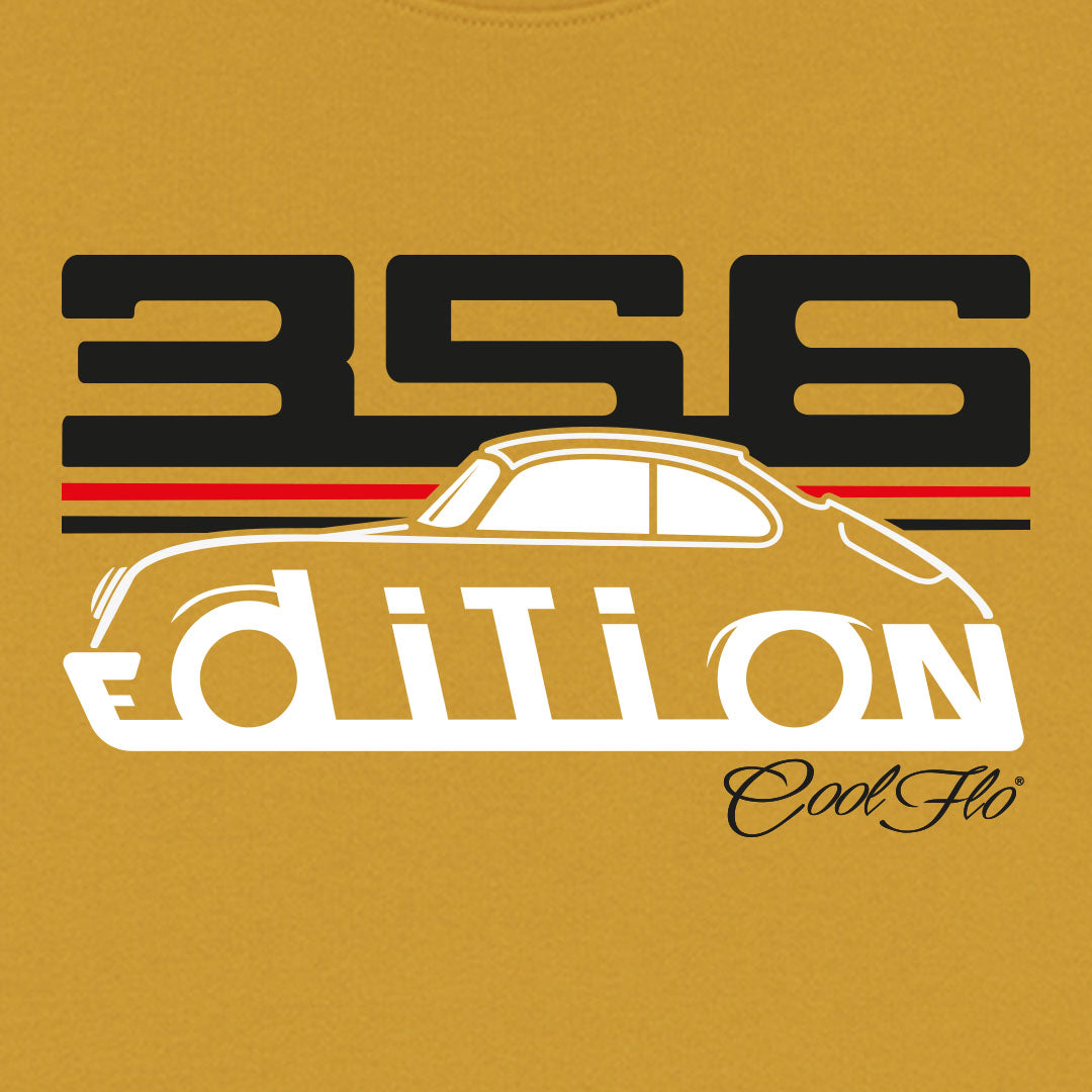 Cool Flo Porsche 356 ochre sweatshirt - GT Edition with black, white and red print. Design close-up.
